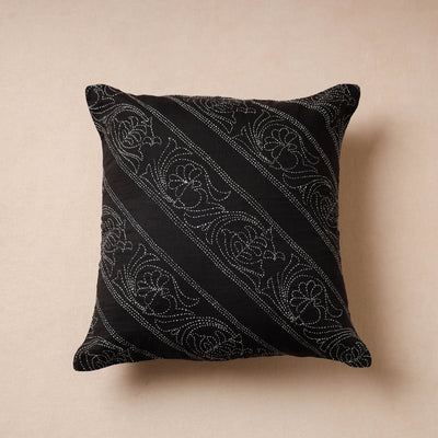 Black - Bengal Kantha Embroidery Mulberry Silk Cushion Cover (16 x 16 in)