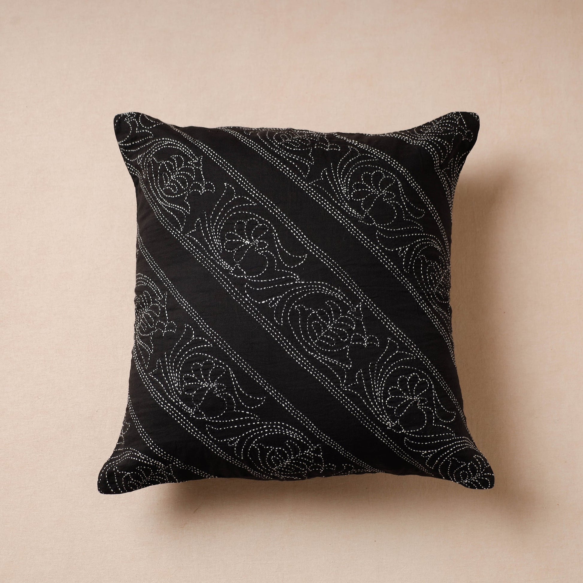 Black - Bengal Kantha Embroidery Mulberry Silk Cushion Cover (16 x 16 in)