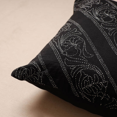 Black - Bengal Kantha Embroidery Mulberry Silk Cushion Cover (16 x 16 in)