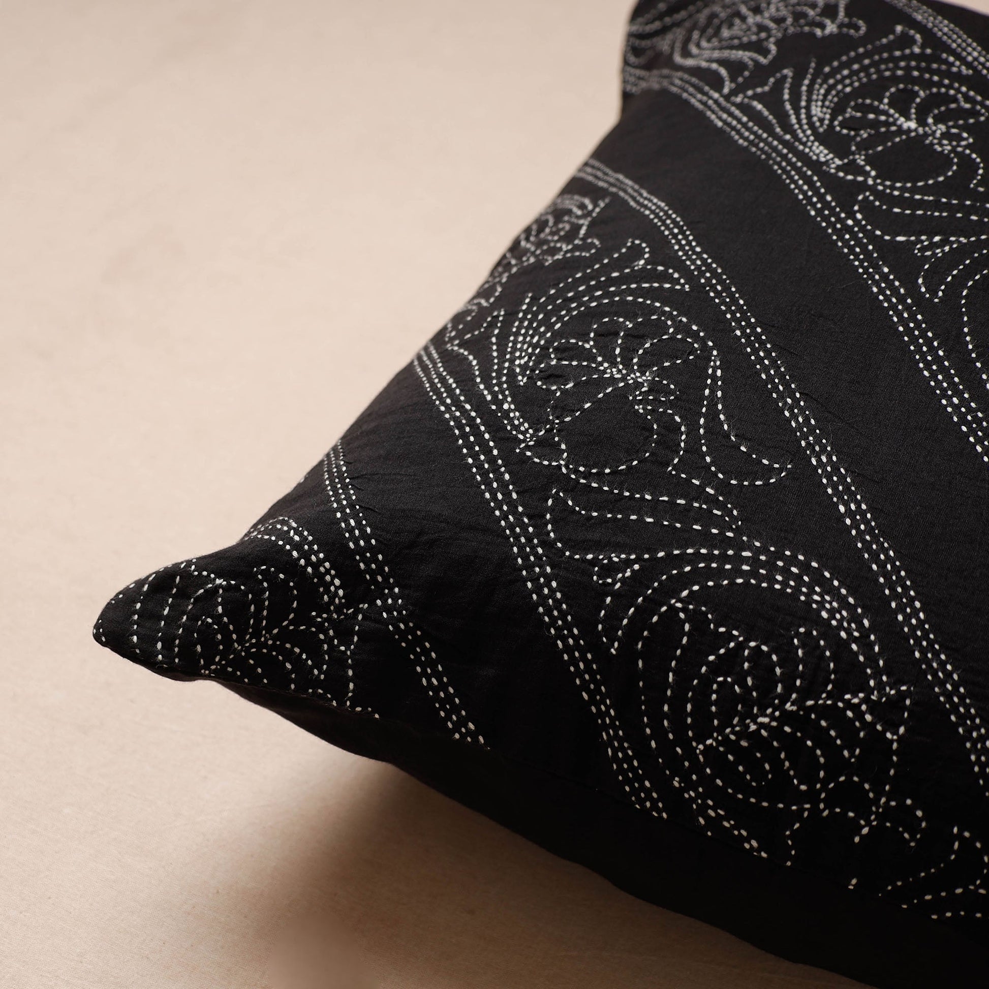 Black - Bengal Kantha Embroidery Mulberry Silk Cushion Cover (16 x 16 in)