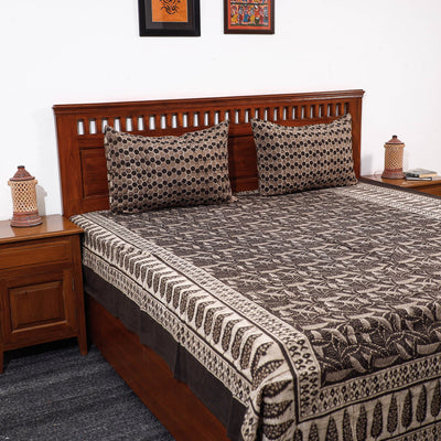 Brown - Pipad Block Printed Cotton Double Bed Cover with Pillow Covers (108 x 90 in)
