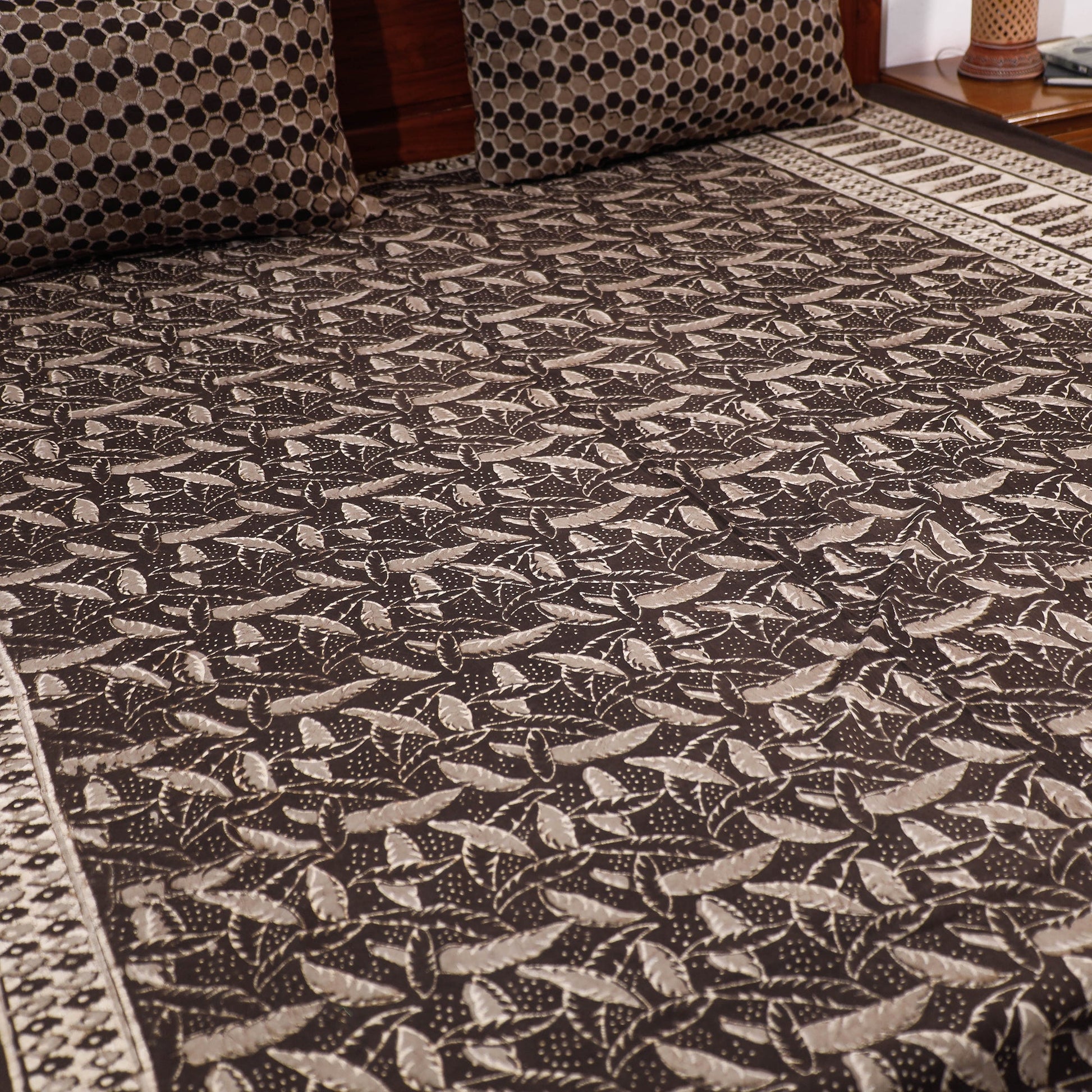 Brown - Pipad Block Printed Cotton Double Bed Cover with Pillow Covers (108 x 90 in)
