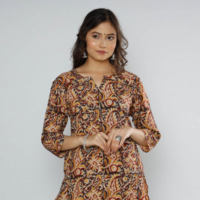 Brown - Kalamkari Block Printed Cotton Long Straight Kurta