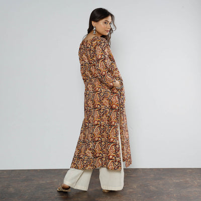 Brown - Kalamkari Block Printed Cotton Long Straight Kurta