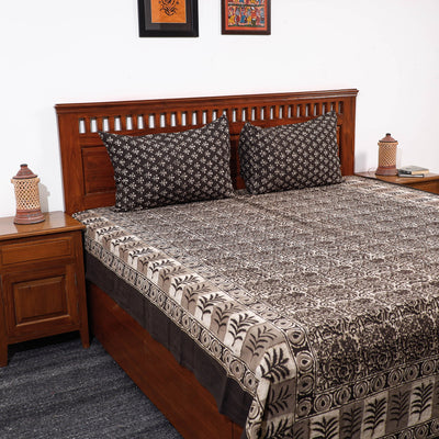 Brown - Pipad Block Printed Cotton Double Bed Cover with Pillow Covers (108 x 90 in)