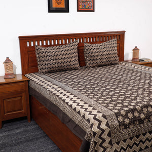 Brown - Pipad Block Printed Cotton Double Bed Cover with Pillow Covers (108 x 90 in)