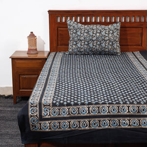 Black - Pipad Block Printed Cotton Single Bed Cover with Pillow Covers (90 x 60 in)
