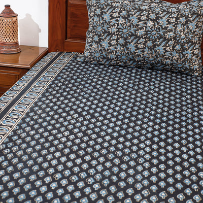 Black - Pipad Block Printed Cotton Single Bed Cover with Pillow Covers (90 x 60 in)