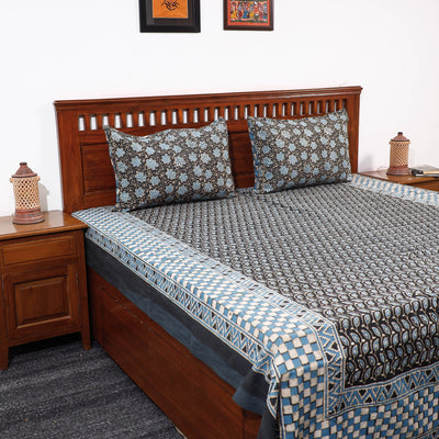 Brown - Pipad Block Printed Cotton Double Bed Cover with Pillow Covers (108 x 90 in)