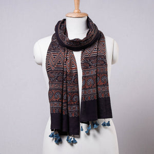 Black - Ajrakh Block Printed Mul Cotton Stole with Tassels