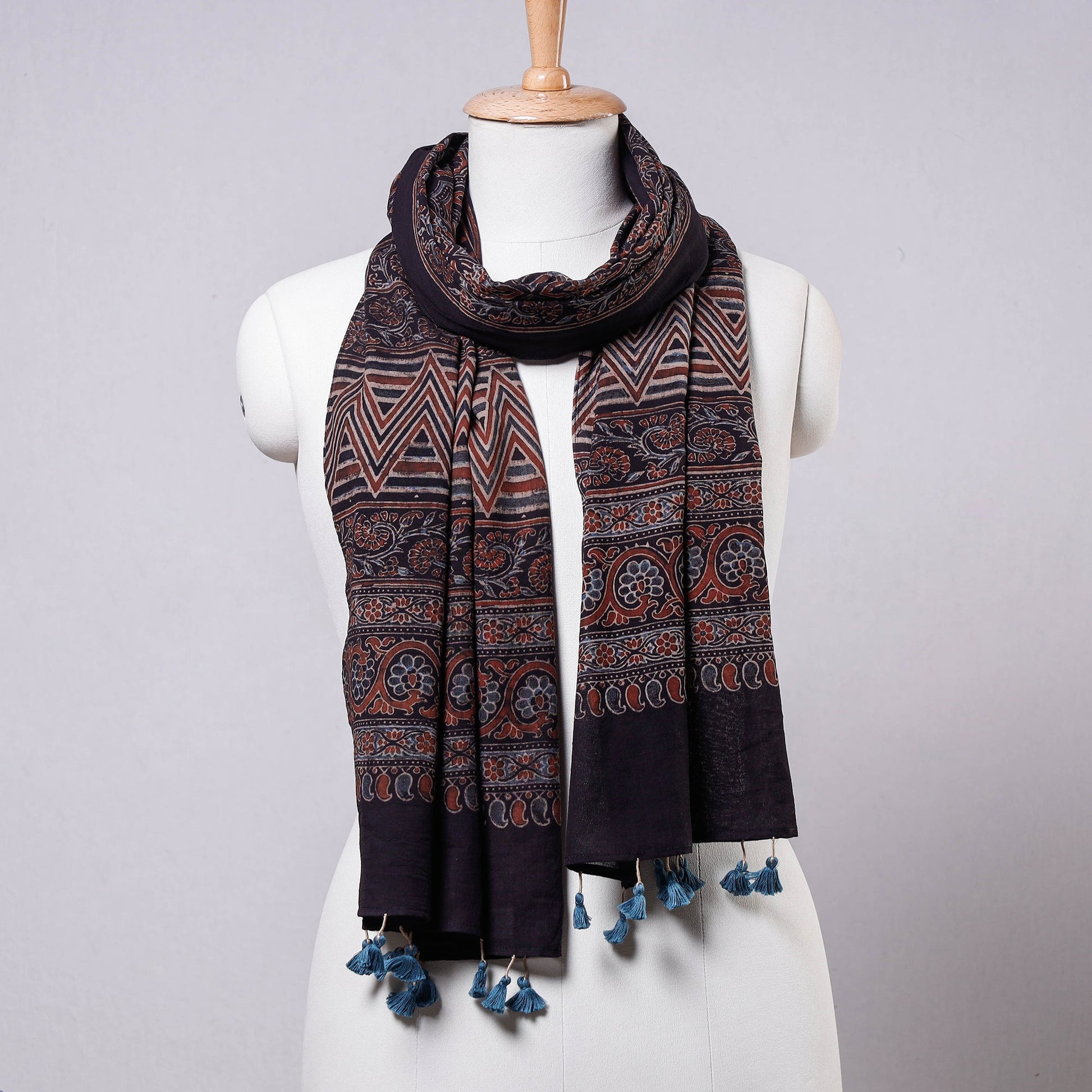 Black - Ajrakh Block Printed Mul Cotton Stole with Tassels