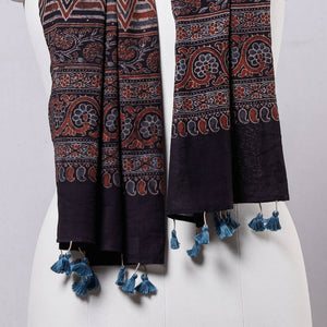 Black - Ajrakh Block Printed Mul Cotton Stole with Tassels