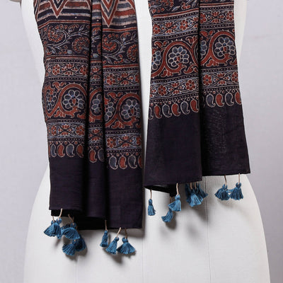 Black - Ajrakh Block Printed Mul Cotton Stole with Tassels