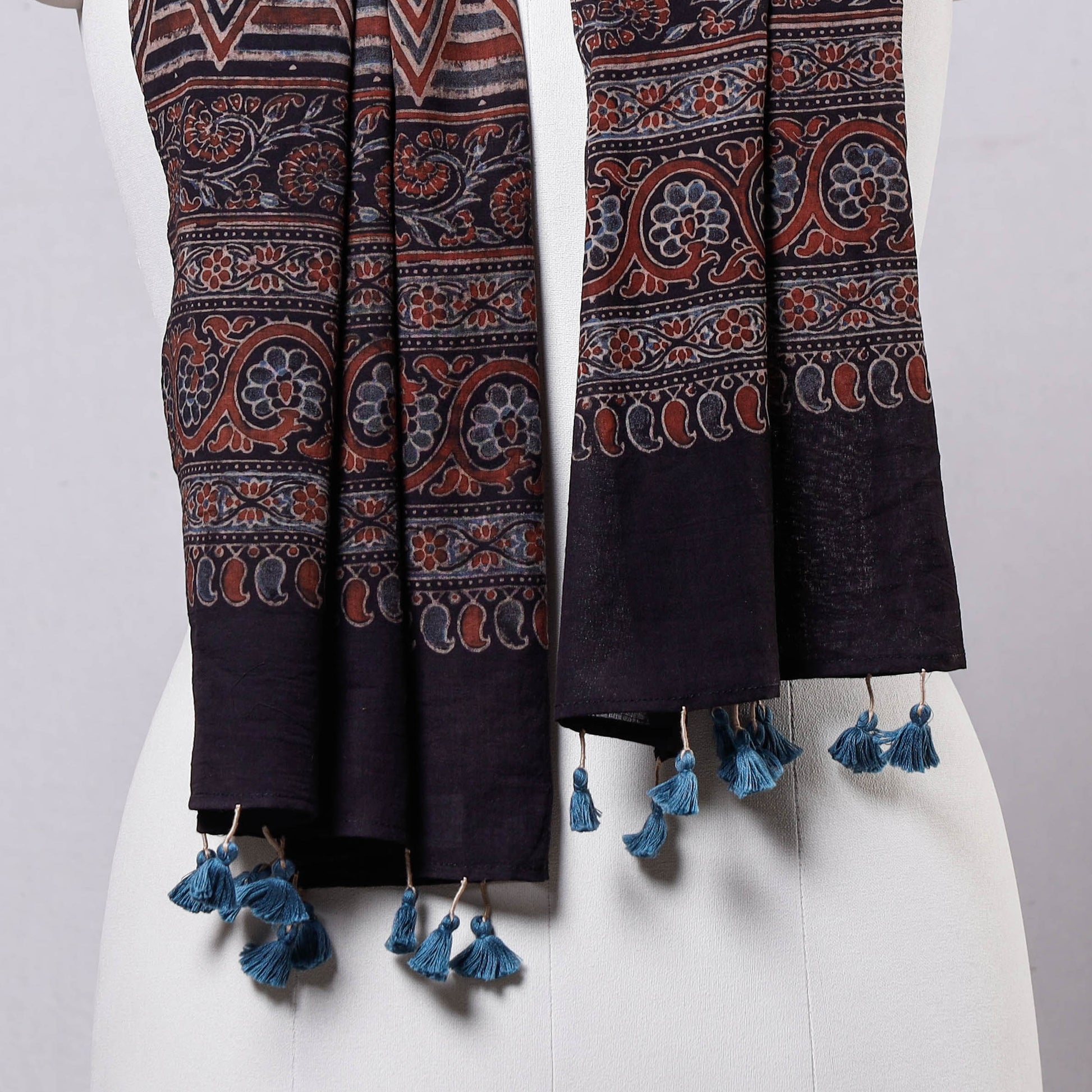 Black - Ajrakh Block Printed Mul Cotton Stole with Tassels