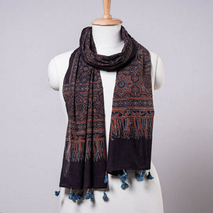 Black - Ajrakh Block Printed Mul Cotton Stole with Tassels