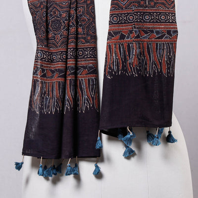 Black - Ajrakh Block Printed Mul Cotton Stole with Tassels