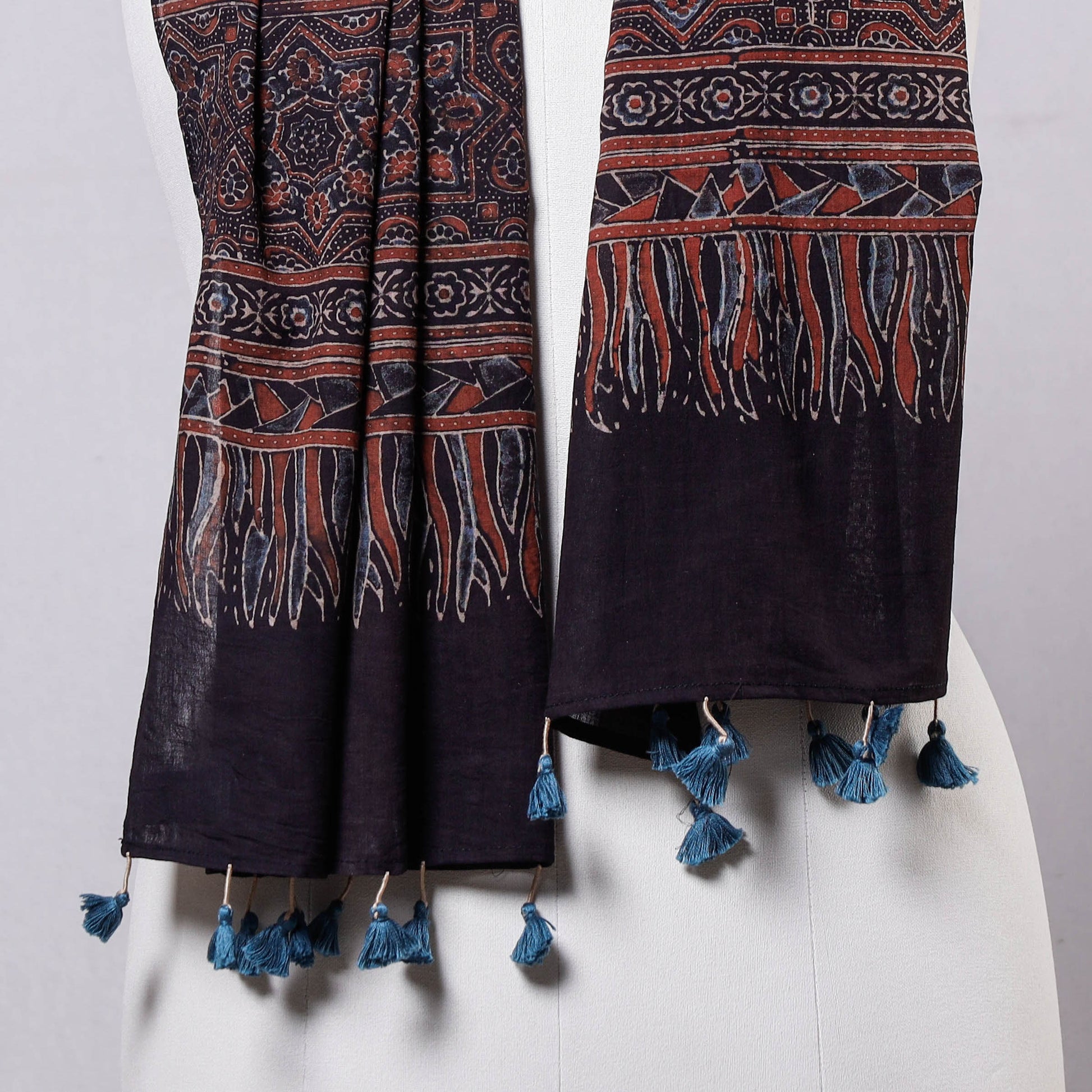 Black - Ajrakh Block Printed Mul Cotton Stole with Tassels