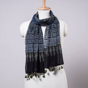 Blue - Ajrakh Block Printed Mul Cotton Stole with Tassels