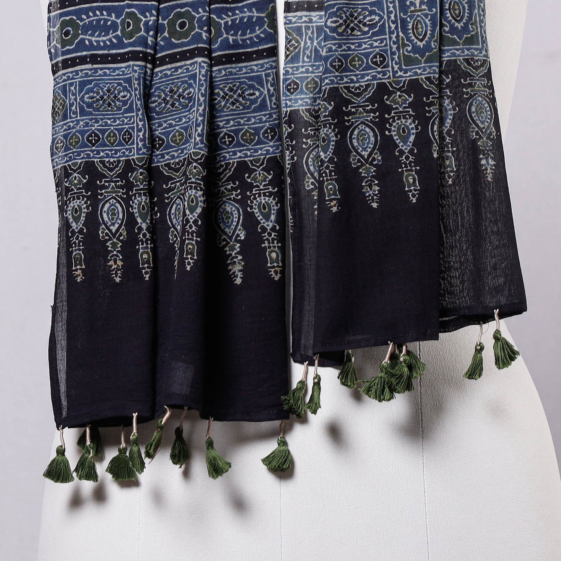 Blue - Ajrakh Block Printed Mul Cotton Stole with Tassels