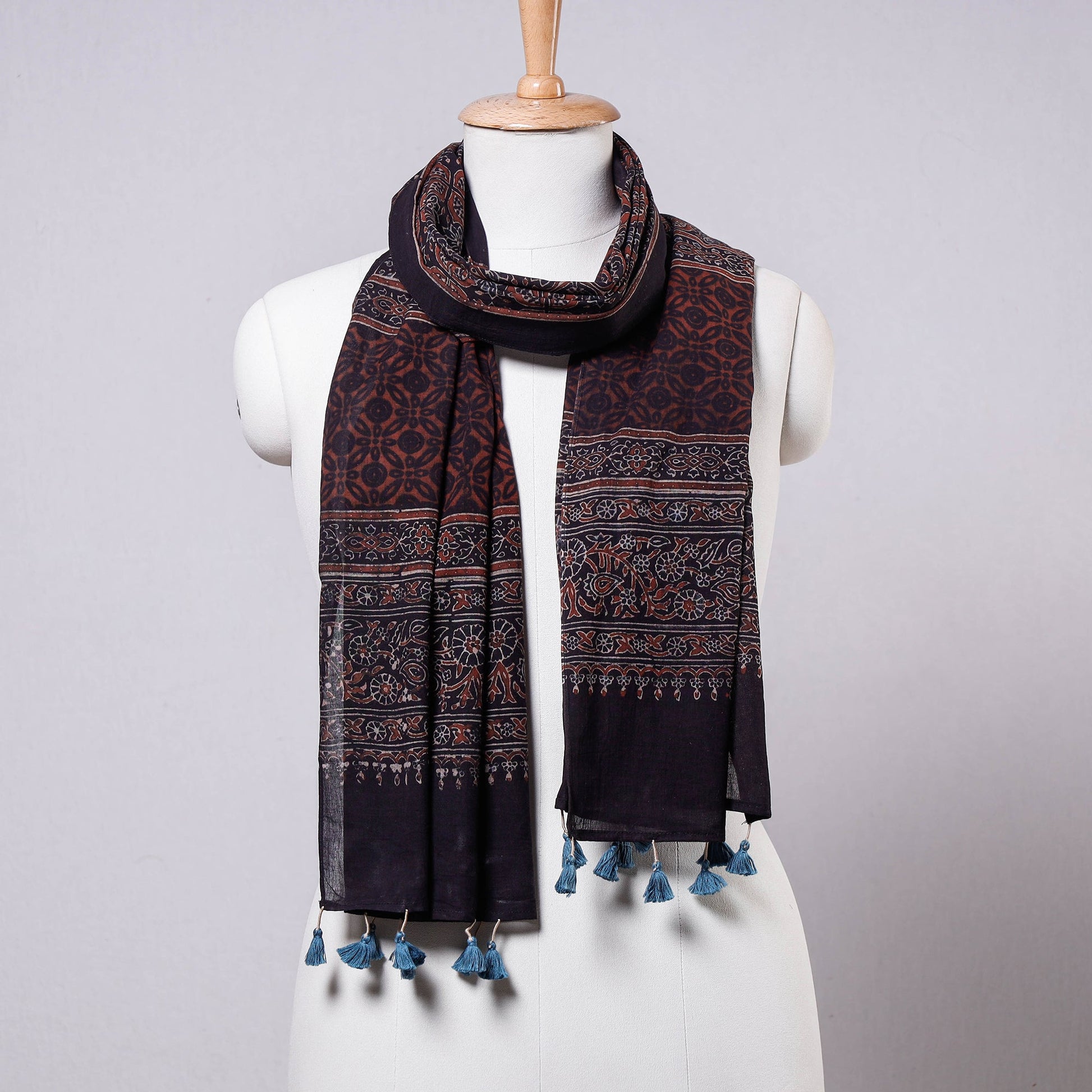 Black - Ajrakh Block Printed Mul Cotton Stole with Tassels
