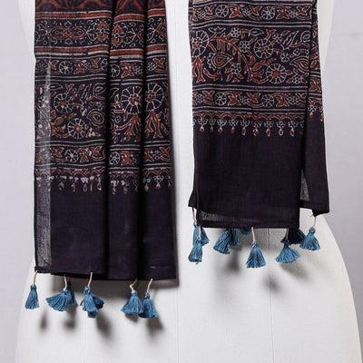 Black - Ajrakh Block Printed Mul Cotton Stole with Tassels