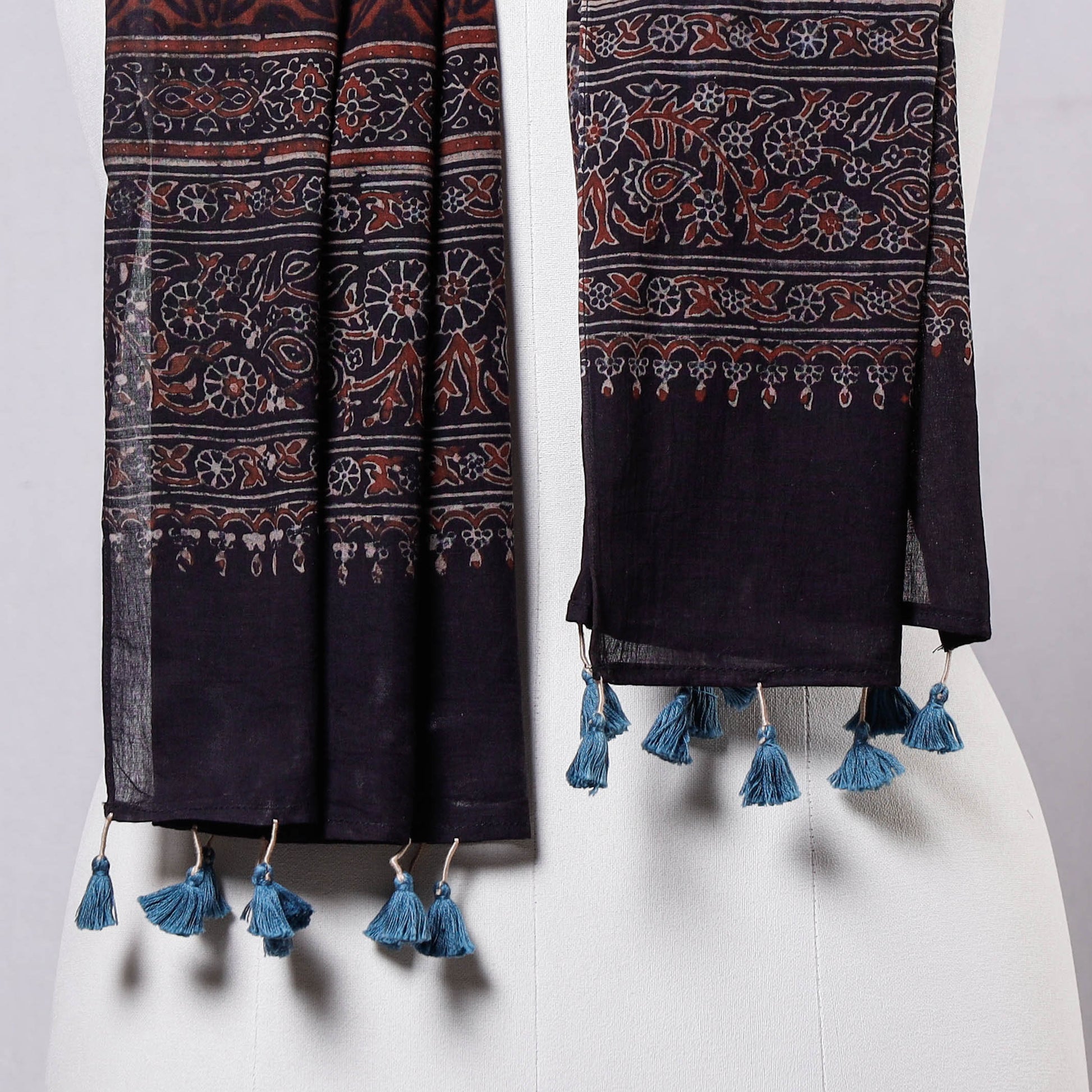 Black - Ajrakh Block Printed Mul Cotton Stole with Tassels