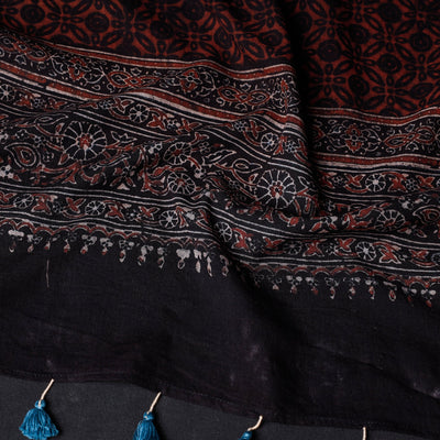 Black - Ajrakh Block Printed Mul Cotton Stole with Tassels