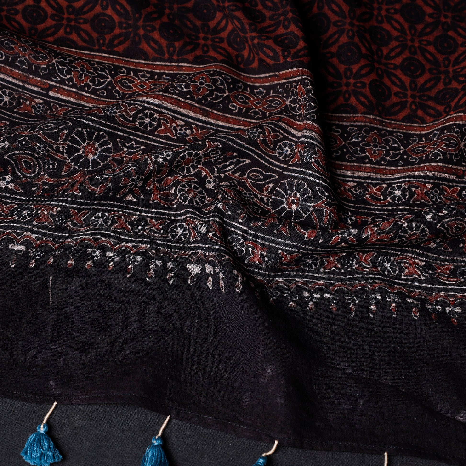 Black - Ajrakh Block Printed Mul Cotton Stole with Tassels