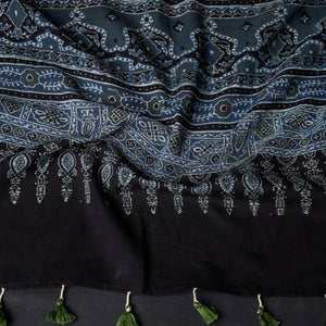Blue - Ajrakh Block Printed Mul Cotton Stole with Tassels