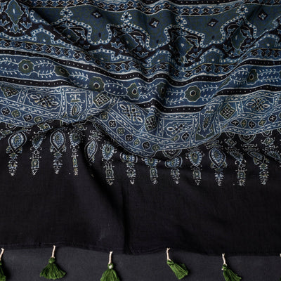 Blue - Ajrakh Block Printed Mul Cotton Stole with Tassels