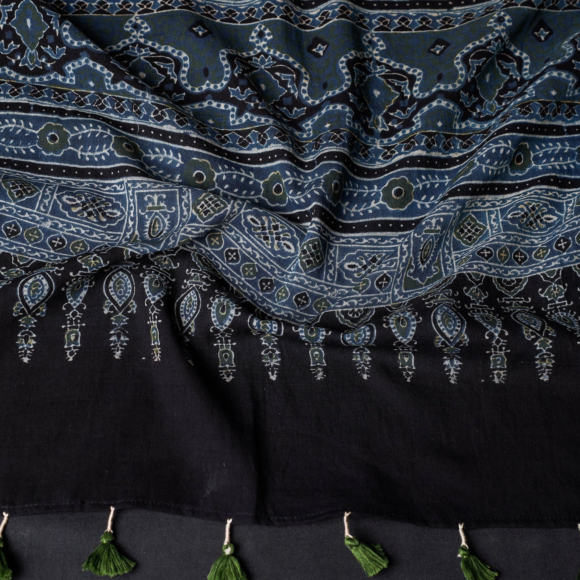 Blue - Ajrakh Block Printed Mul Cotton Stole with Tassels