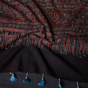 Black - Ajrakh Block Printed Mul Cotton Stole with Tassels