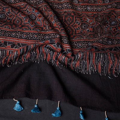 Black - Ajrakh Block Printed Mul Cotton Stole with Tassels