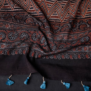 Black - Ajrakh Block Printed Mul Cotton Stole with Tassels