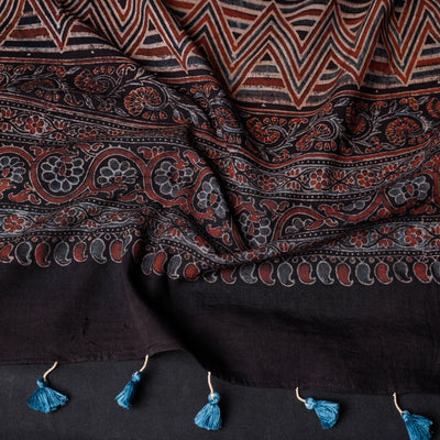 Black - Ajrakh Block Printed Mul Cotton Stole with Tassels