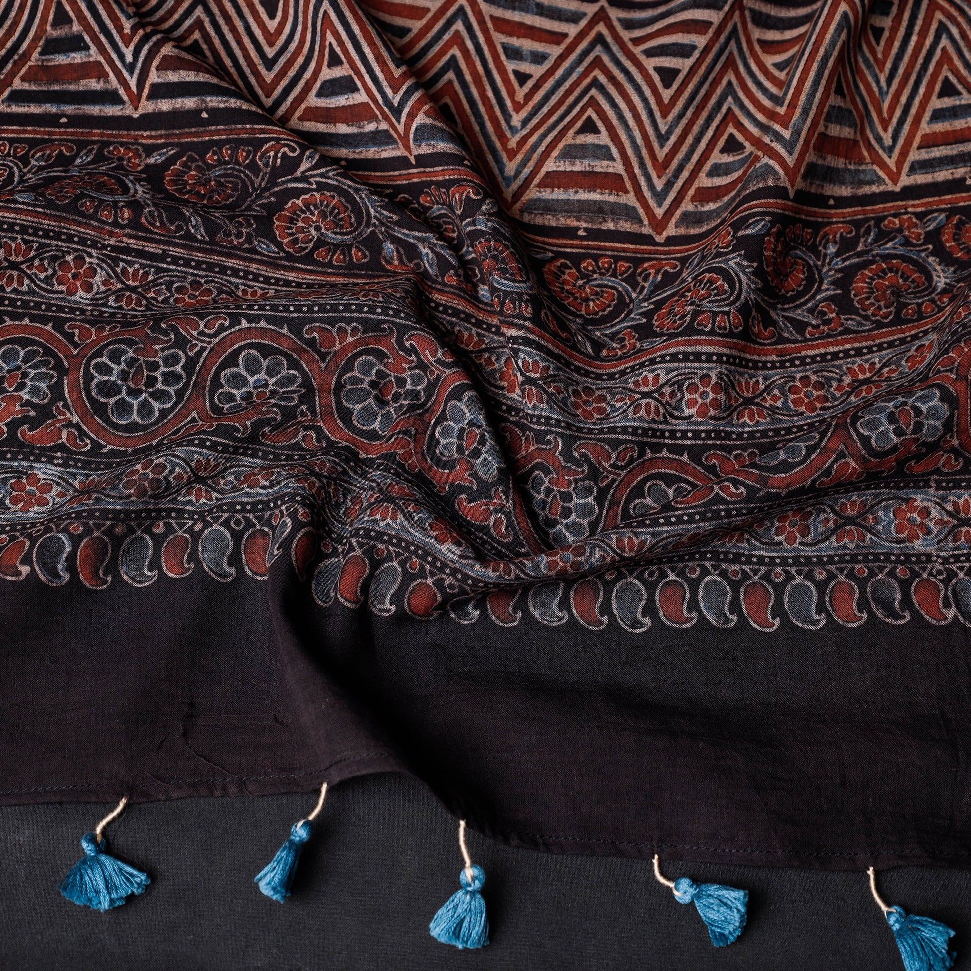 Black - Ajrakh Block Printed Mul Cotton Stole with Tassels