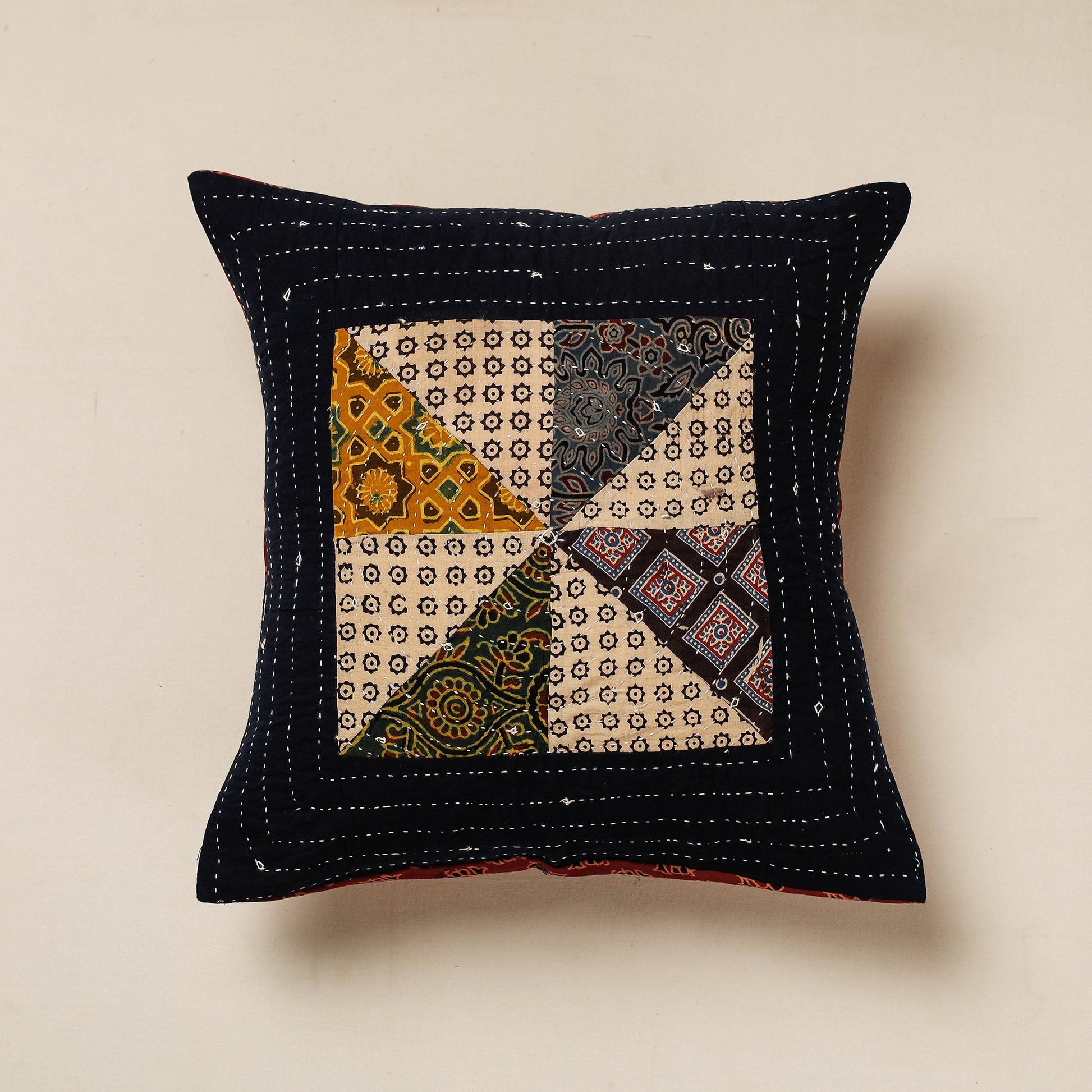 Black - Kutch Embroidered Ajrakh Cotton Cushion Cover (16 x 16 in)