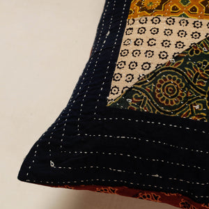 Black - Kutch Embroidered Ajrakh Cotton Cushion Cover (16 x 16 in)
