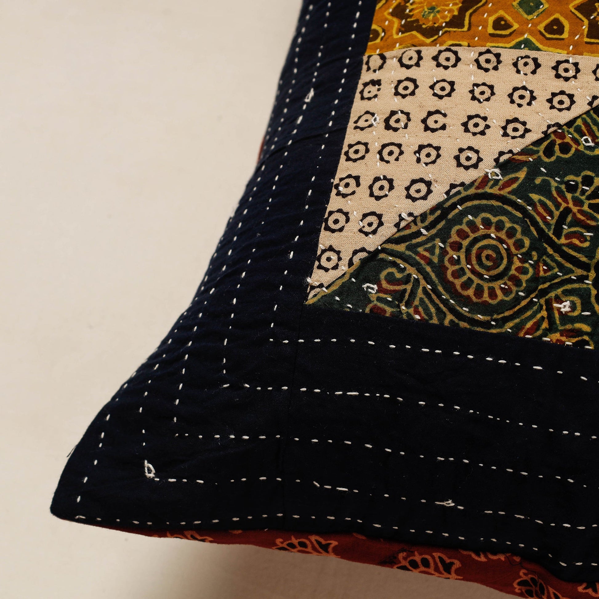 Black - Kutch Embroidered Ajrakh Cotton Cushion Cover (16 x 16 in)