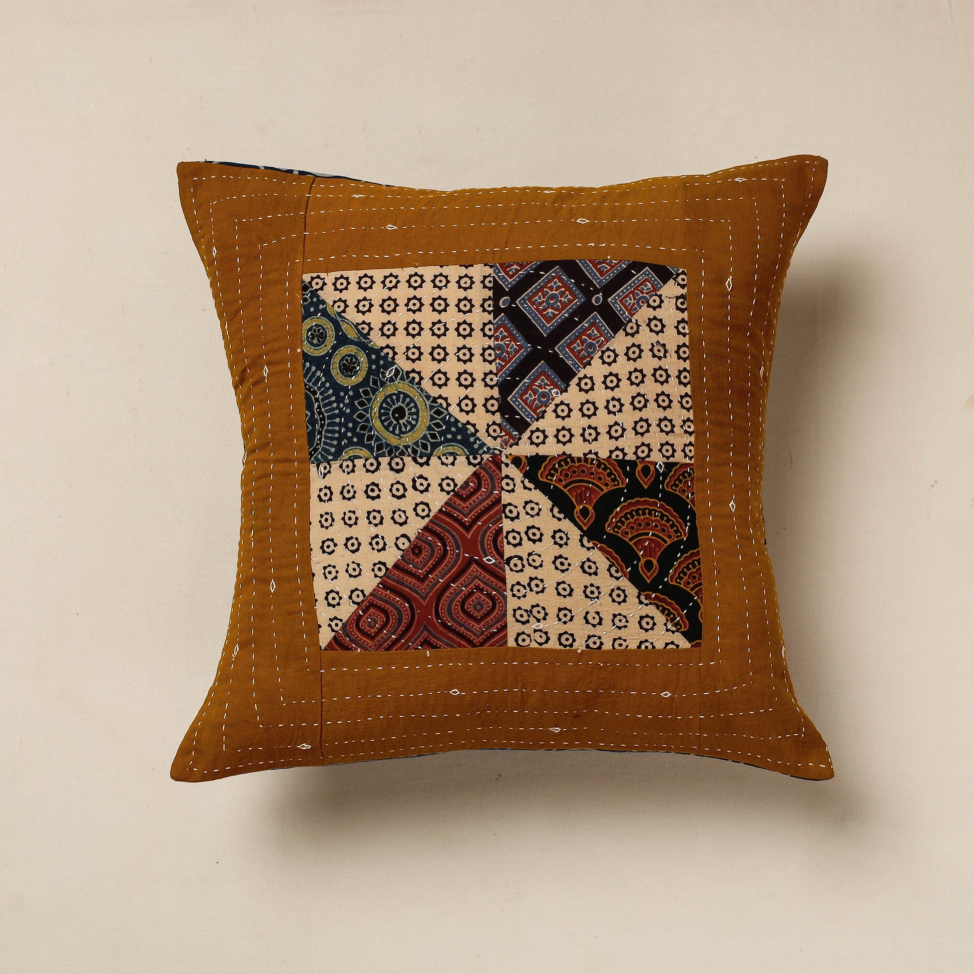 Brown - Kutch Embroidered Ajrakh Cotton Cushion Cover (16 x 16 in)