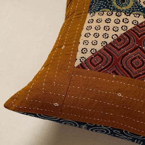 Brown - Kutch Embroidered Ajrakh Cotton Cushion Cover (16 x 16 in)