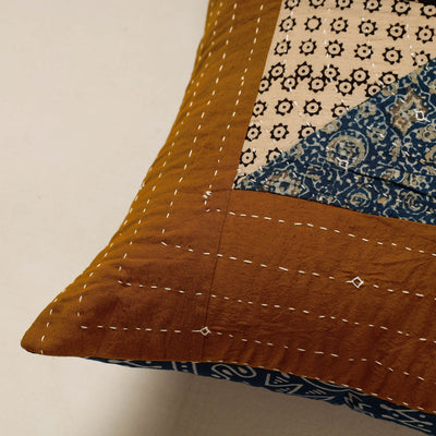 Brown - Kutch Embroidered Ajrakh Cotton Cushion Cover (16 x 16 in)