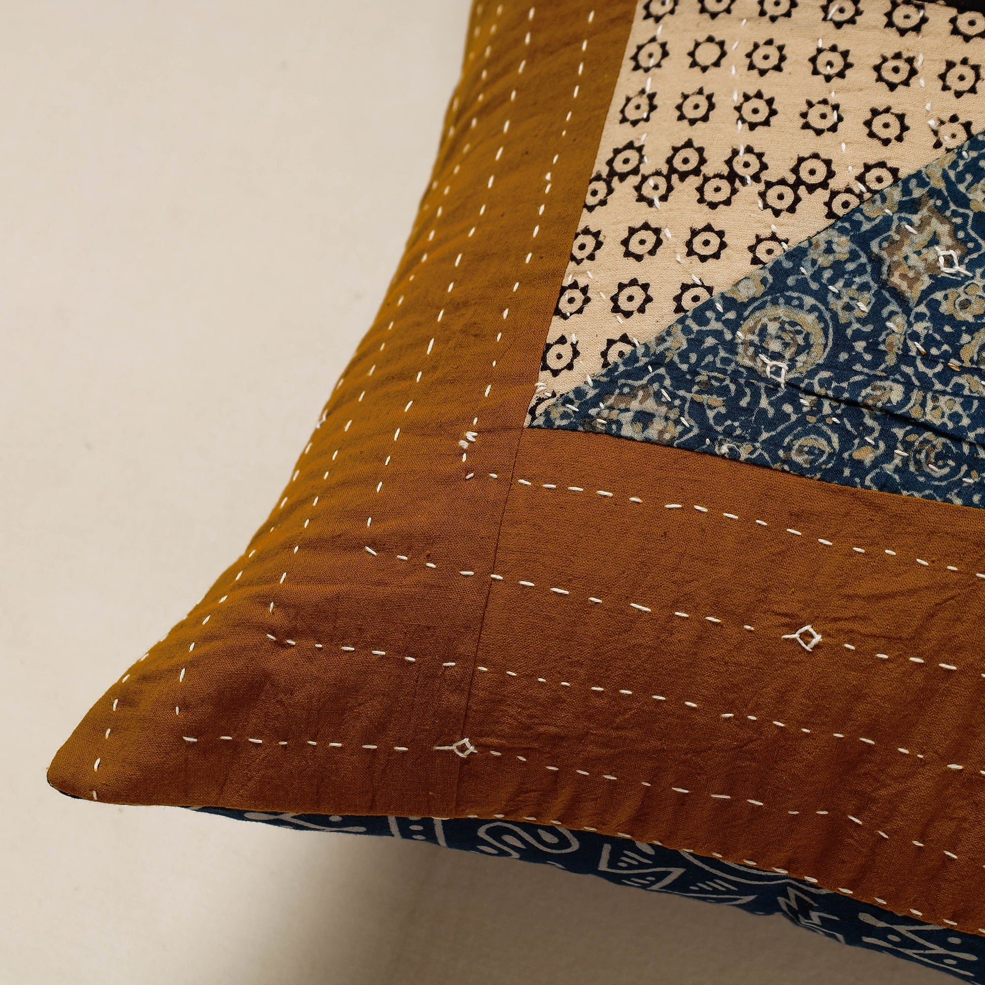 Brown - Kutch Embroidered Ajrakh Cotton Cushion Cover (16 x 16 in)