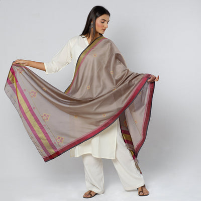 Brown - Gavanti Kasuti Embroidery Handloom Maheshwari Silk Dupatta