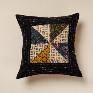 Black - Kutch Embroidered Ajrakh Cotton Cushion Cover (16 x 16 in)
