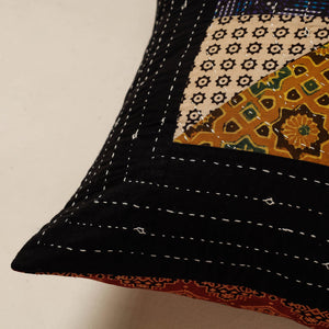 Black - Kutch Embroidered Ajrakh Cotton Cushion Cover (16 x 16 in)