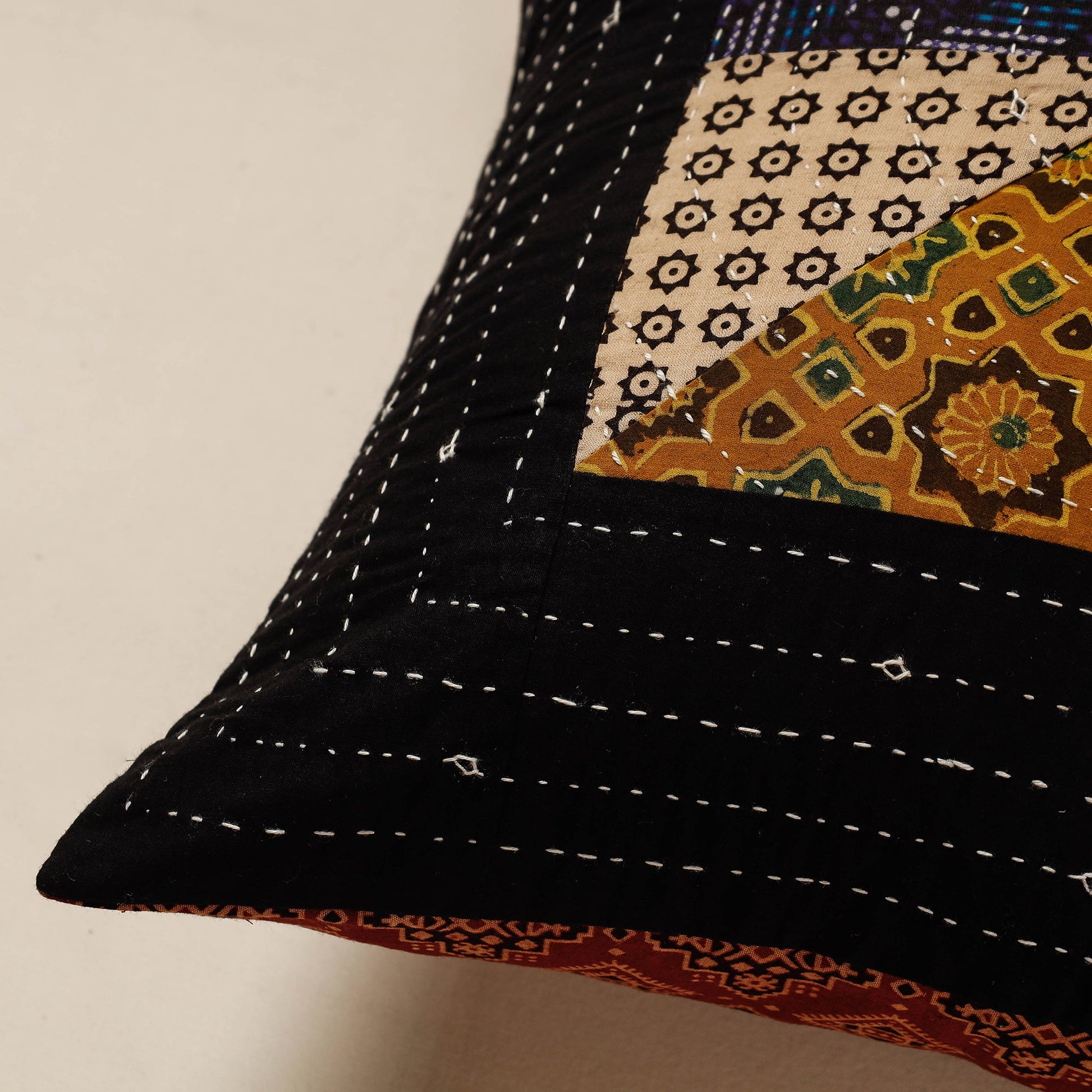 Black - Kutch Embroidered Ajrakh Cotton Cushion Cover (16 x 16 in)