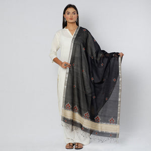 Black - Gavanti Kasuti Embroidery Handloom Maheshwari Silk Dupatta