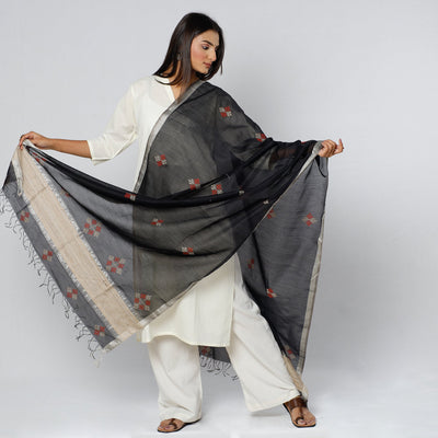 Black - Gavanti Kasuti Embroidery Handloom Maheshwari Silk Dupatta