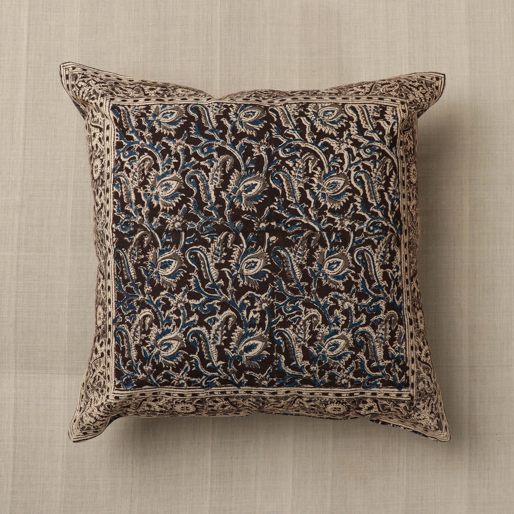 Black - Original Pedana Block Print Cotton Kalamkari Cushion Cover